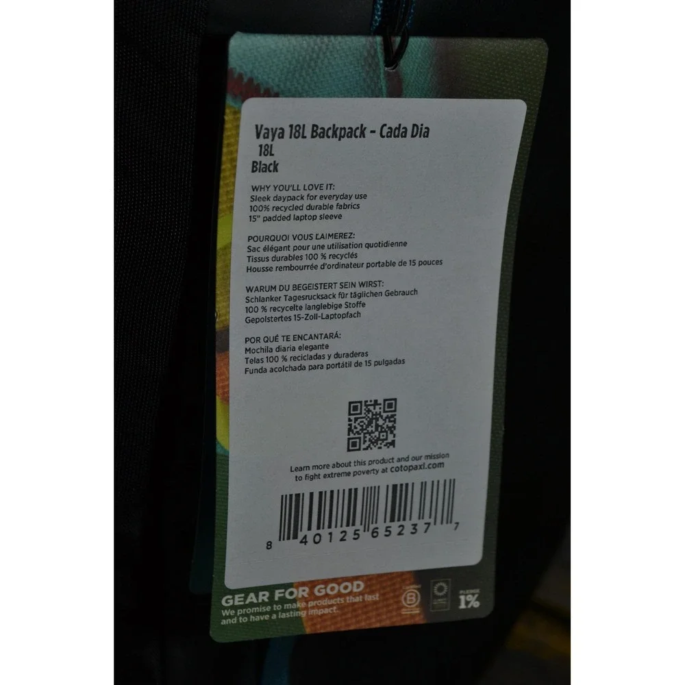 Cotopaxi Vaya 18L Cada Dia Backpack Black Laptop Daypack 18